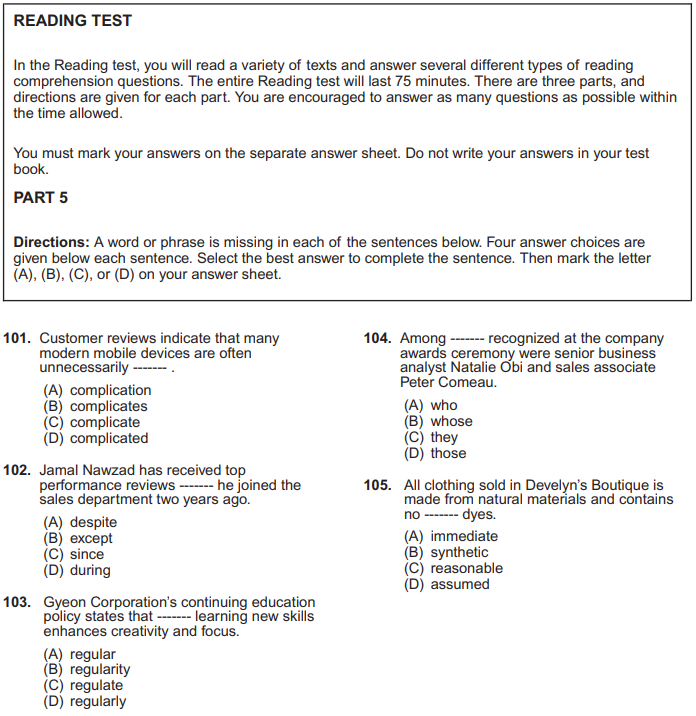 ตัวอย่างข้อสอบ TOEIC Part 5 Incomplete Sentences