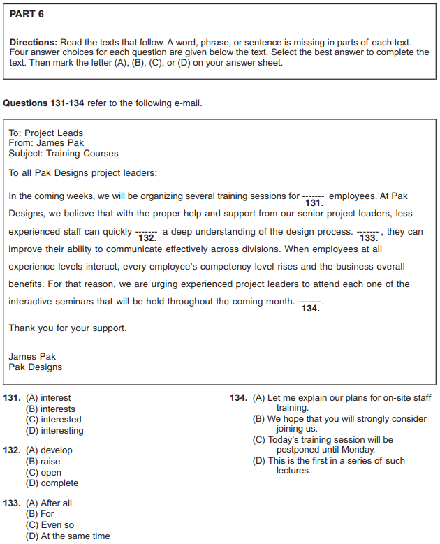 ตัวอย่างข้อสอบ TOEIC Part 6 Text Completion